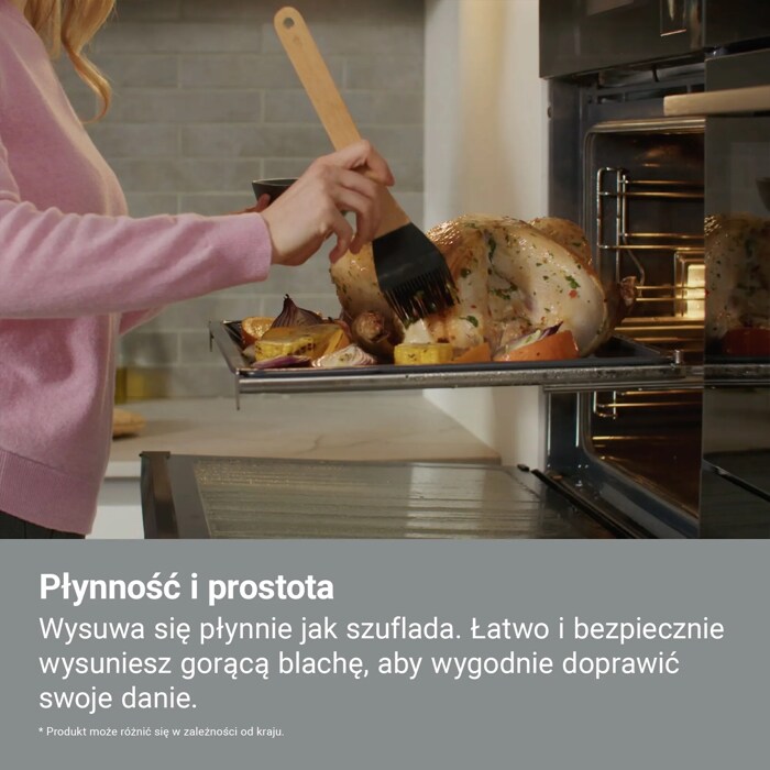 Płynność i prostota Wysuwa się płynnie jak szuflada. Łatwo i bezpiecznie wysuniesz gorącą blachę, aby wygodnie doprawić swoje danie.    * Produkt może różnić się w zależności od kraju.